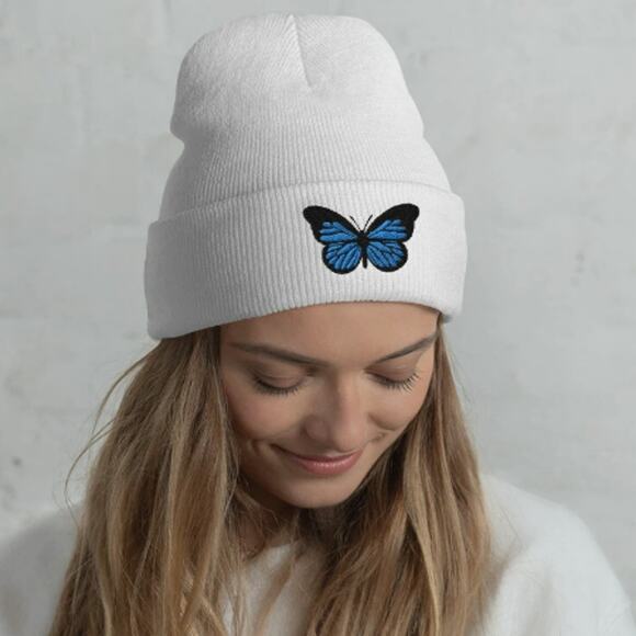 Beanie Knit Cap Winter Hat Unbranded Cuffed Embroidered Butterfly Women OS Cream - Picture 8 of 8